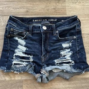 American Eagle Hi-Rise Shortie Size 8 Denim Shorts Dark Wash Ripped